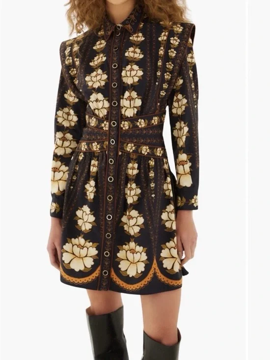 FARM RIO XXS Embroidered Black Dress with Cream & Gold Floral Motif - Picture 4 of 5